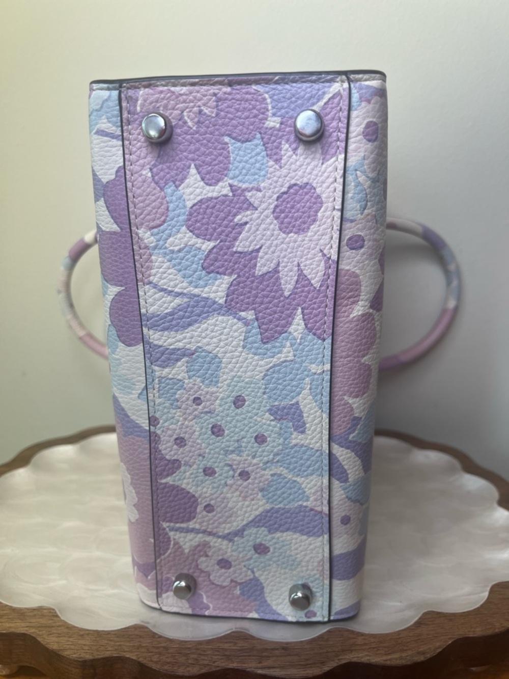 Coach Maggie Small Tote Floral Print Pebbled Leather Purple Ivory Crossbody EUC - Picture 11 of 16